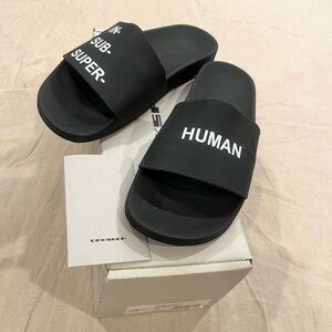 $290 Rick Owens DRKSHDW ‘IN- SUB- SUPER- HUMAN’ Slides, Black/Milk, Size 41